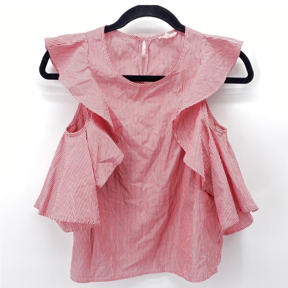 Club Monaco Hamisi Ruffle Stripe Cold Shoulder Top Red White XS - Picture 5 of 13